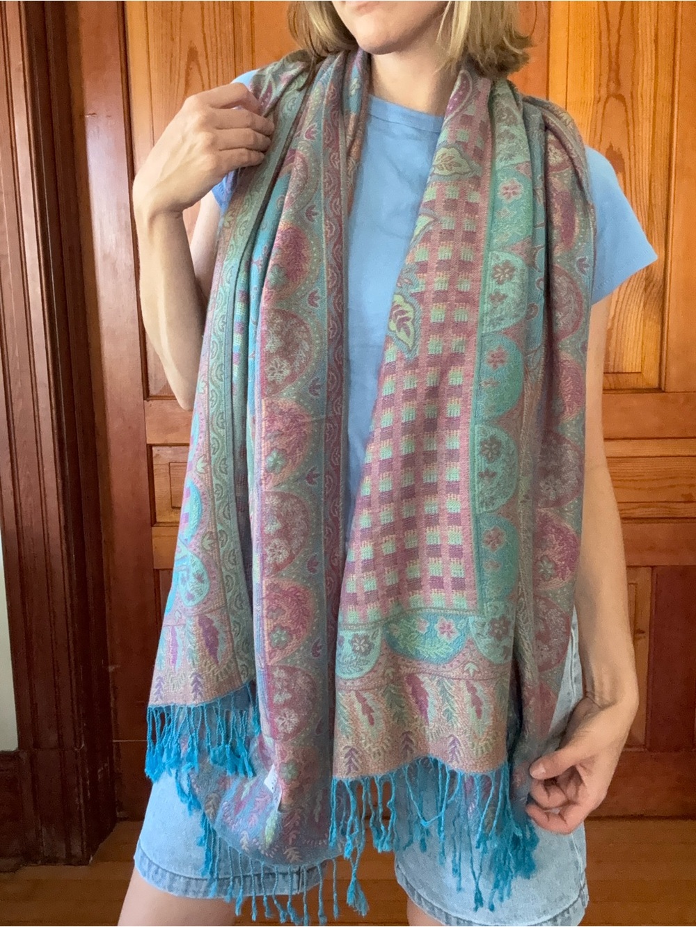 Source Unknown Teal and Dusty Rose Paisley Fringe Scarf Wrap